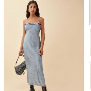 Reformation Aribella Blue Silk Floral Silk Ruffle Dress size XS